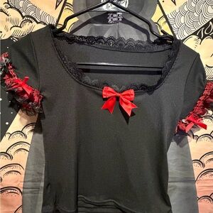 Black Goth Lace Trim Top with Red Bow Accents
